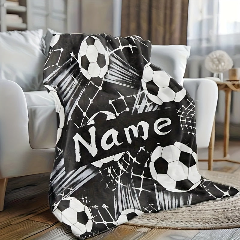 Personalized Soccer Ball Fleece Throw Blanket Soft Cozy Digital Print for Couch Bed Travel