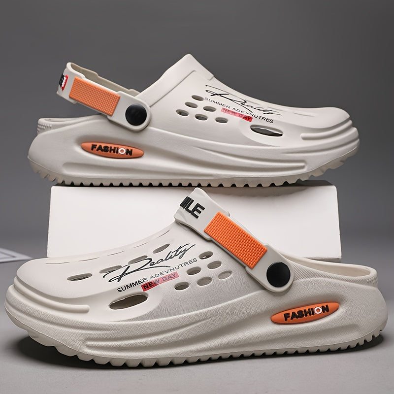 Men's EVA Clogs with Alphabet Design Breathable Slip-On Garden Shoes with Yellow Strap