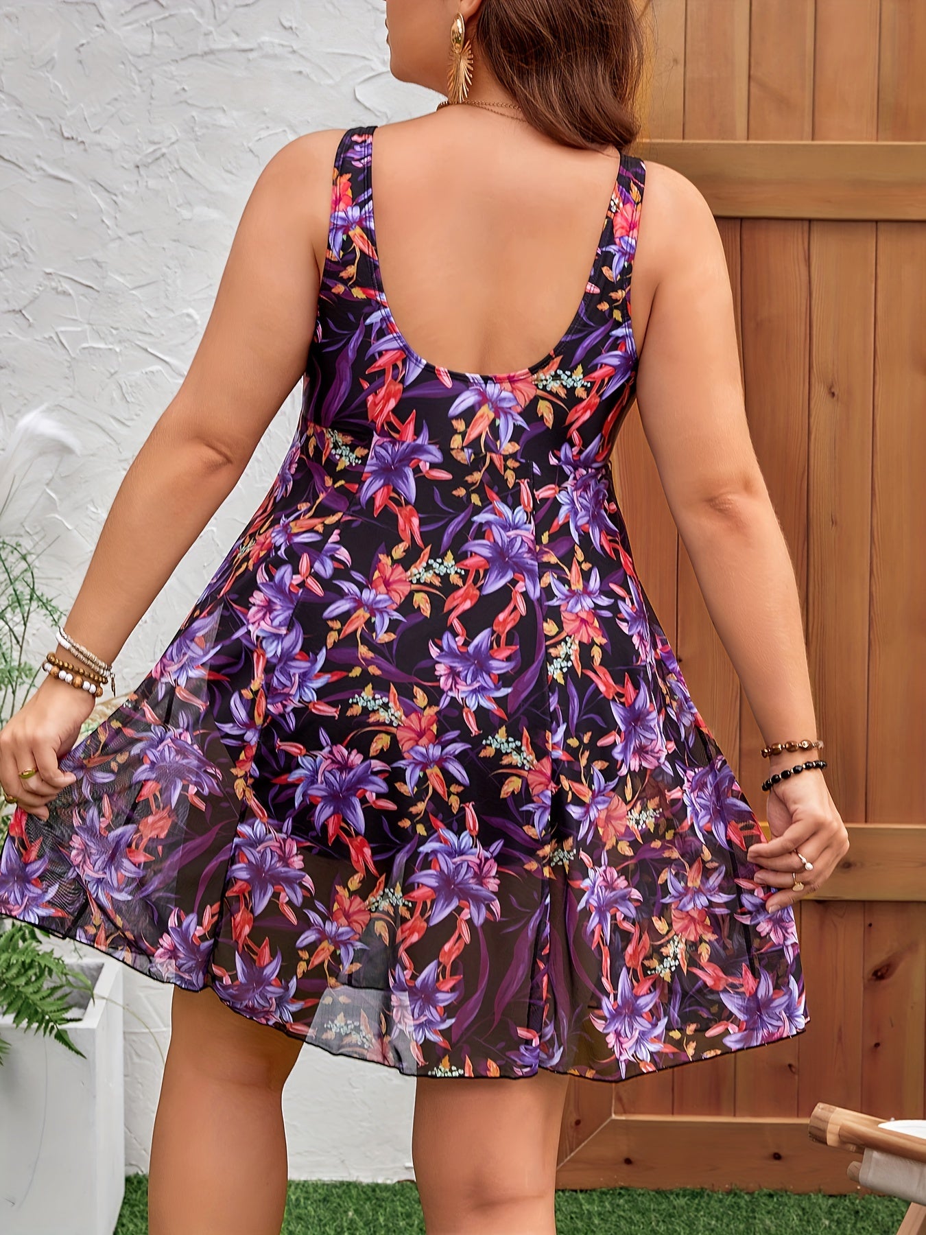 Plus Size Floral Swimsuit for Women with Mesh Skirt Off-Shoulder Removable Pads