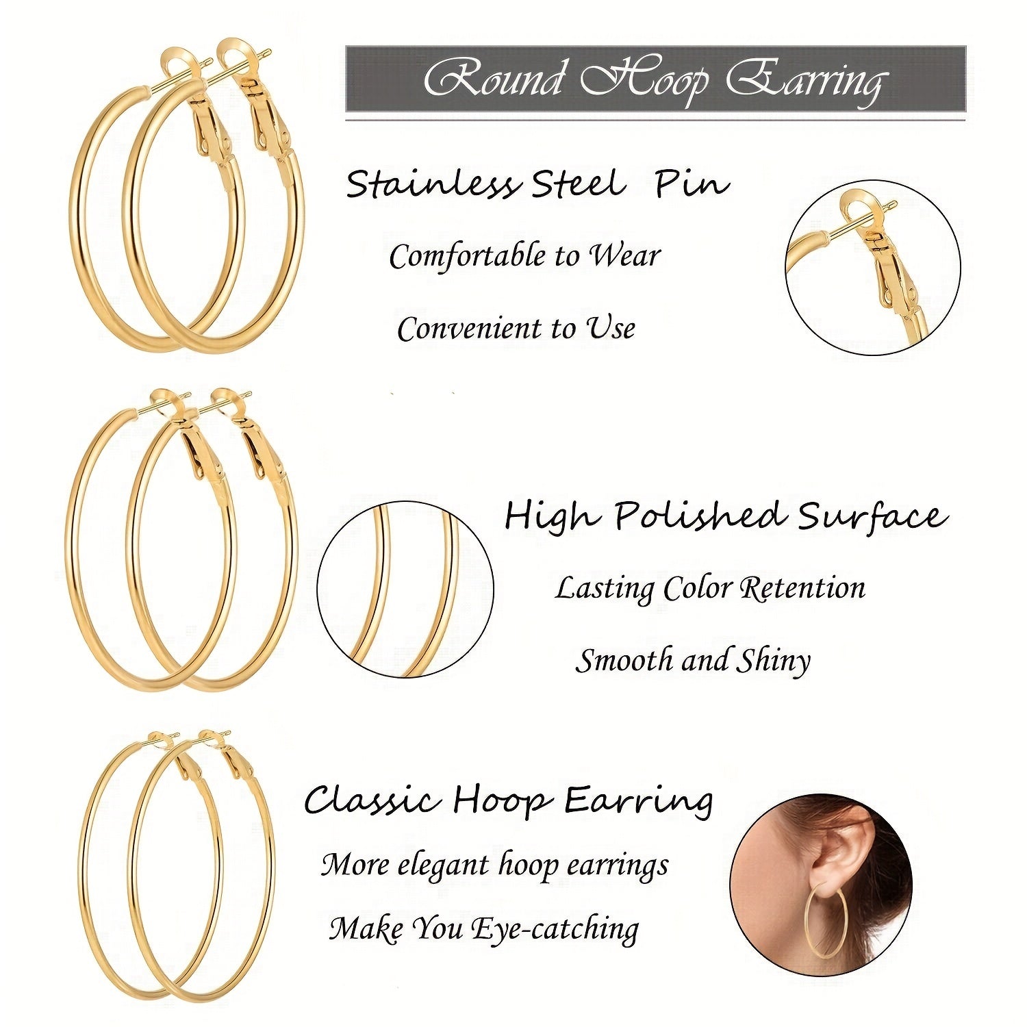 Set of Two Hypoallergenic Stainless Steel Hoop Earrings for Women in Gold and Silver Tones 30mm 40mm 50mm