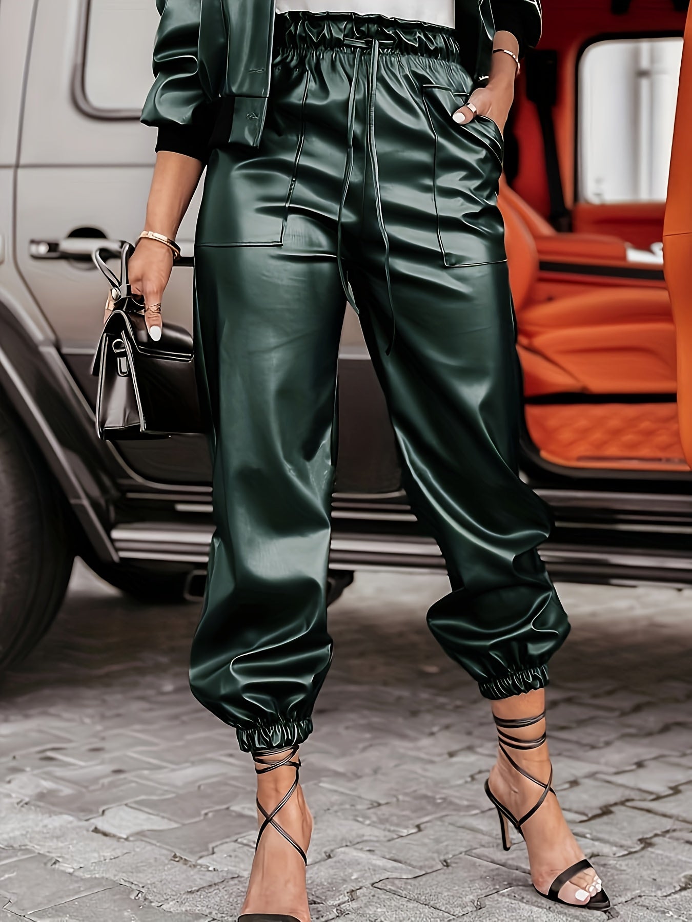 Conjunto de chaqueta de cuero para mujer con bolsillos, casual, primavera y otoño, cuero PU, color sólido