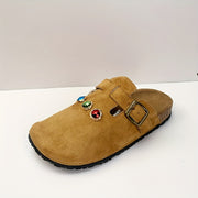 Women's Slip-On Mules Fabric Casual Loafers with Adjustable Straps and Gemstone Accents