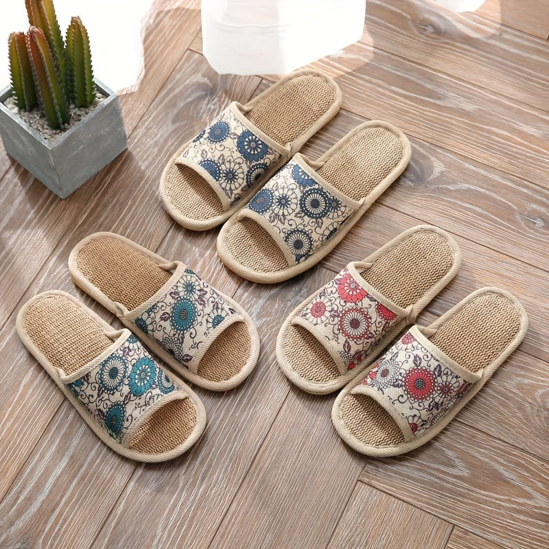 Women Flower Pattern Slippers Open Toe Linen Indoor Shoes