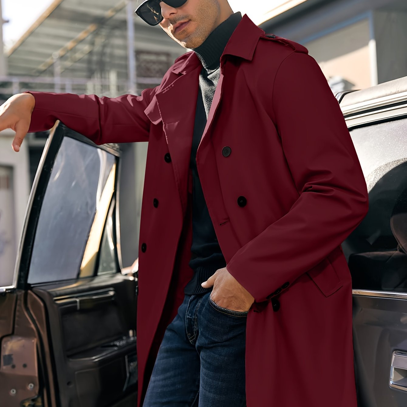 Erkaklar uchun Plus o'lchamli trenc coat, kundalik, bir rangli, kuz bahor, ikki tomonlama yengli, yelkanli