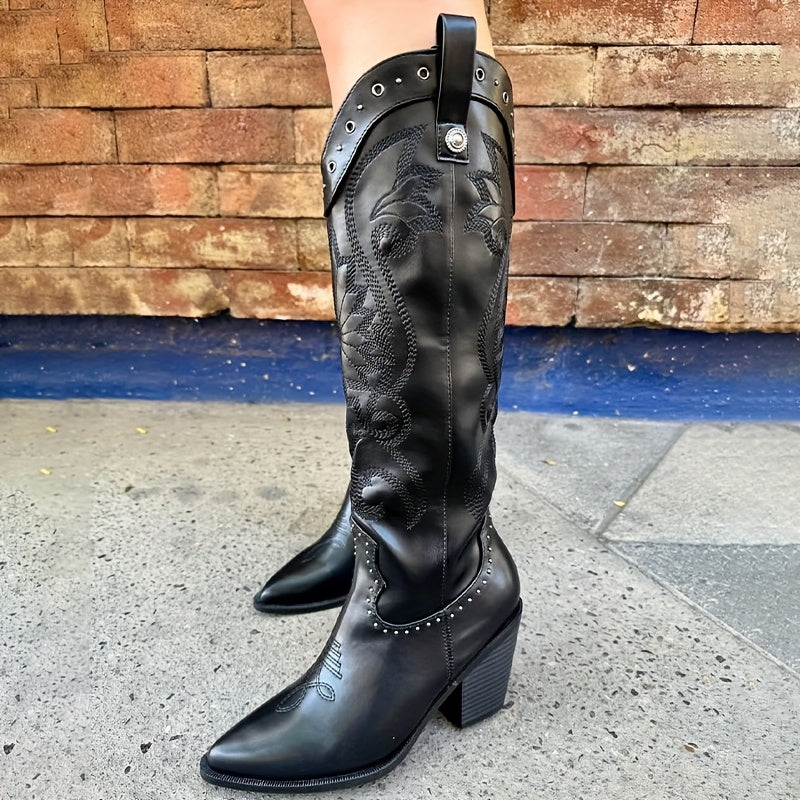 Women's Western Cowboy Boots Knee-High Embroidered Leather Dress Shoes