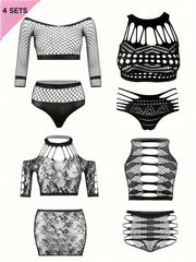 Conjunto de lencería de talla grande para mujer, top y braga de malla transparente, 8 piezas