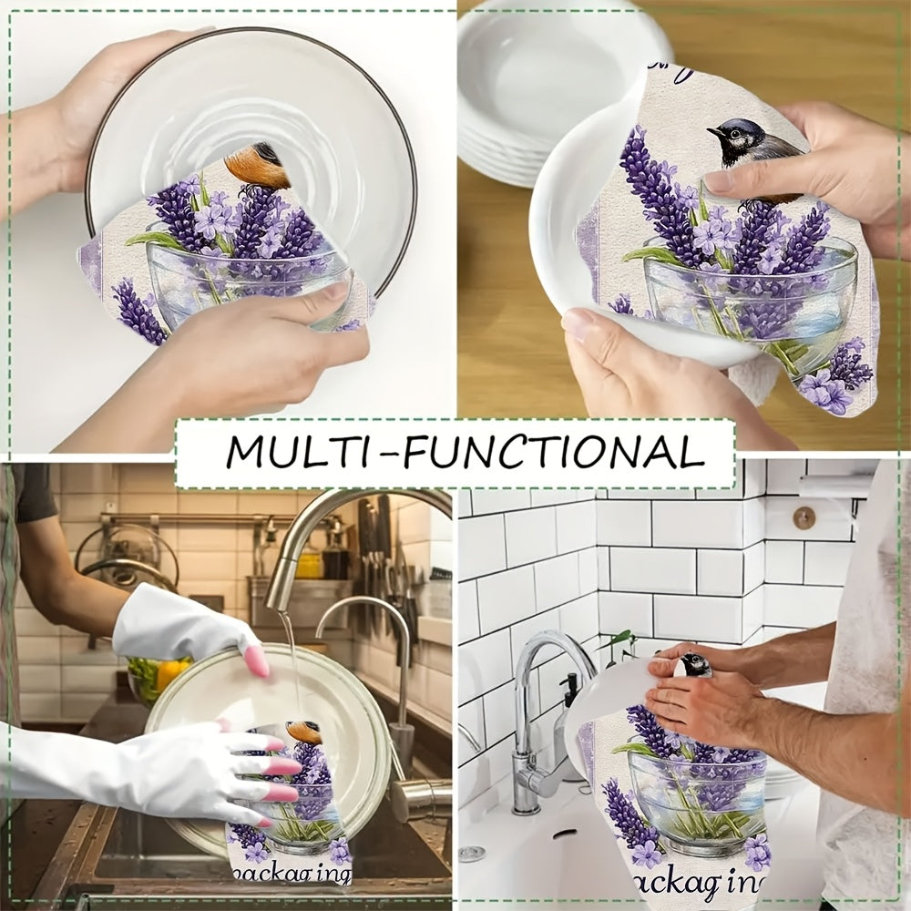 Lavender Kitchen Towels Set with Birds and Butterflies, Highly Absorbent, 16x24 Inches