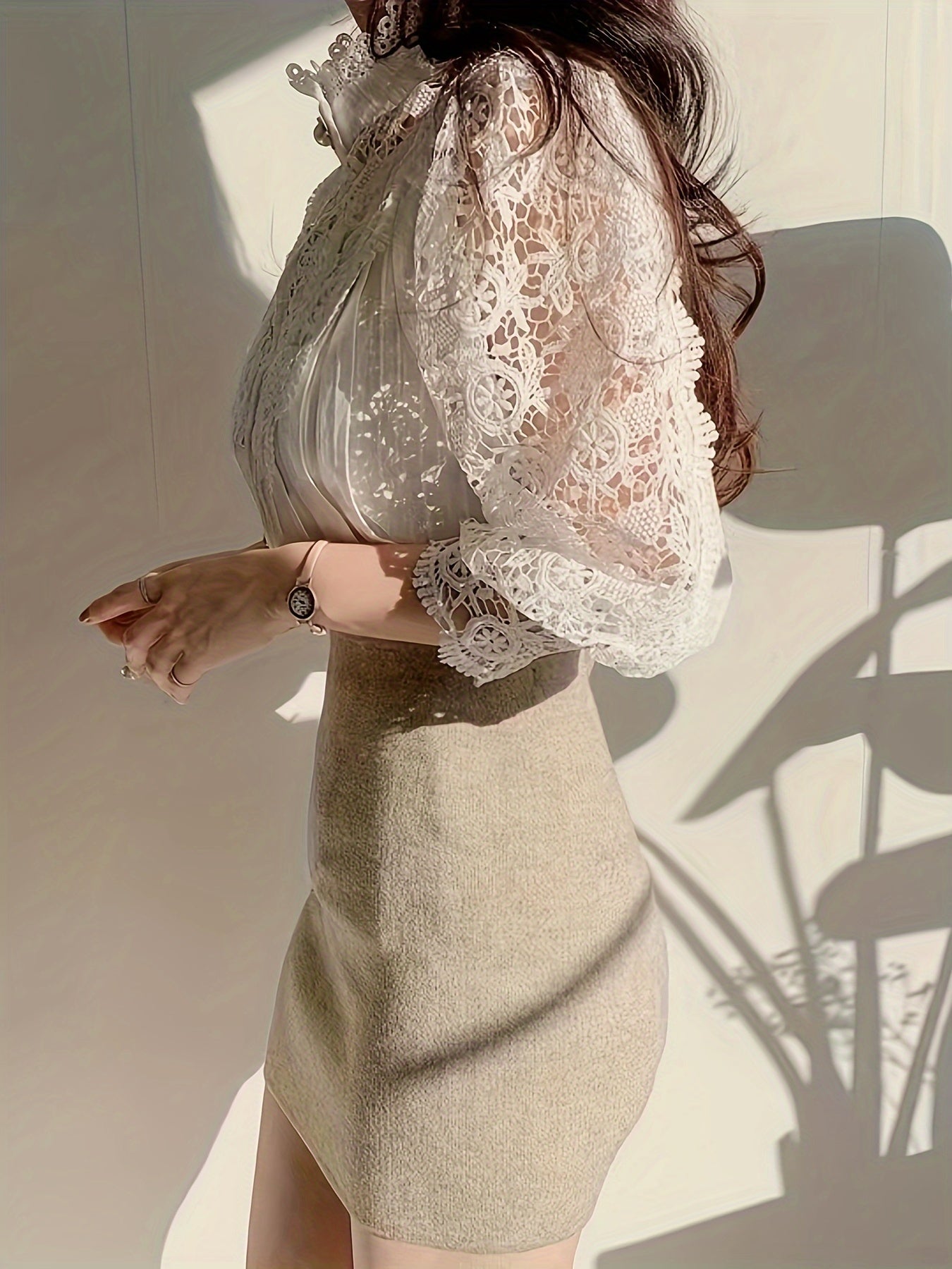 Women's Cotton Long Sleeve Shirt with Hollow Flower Panel and Stand Collar