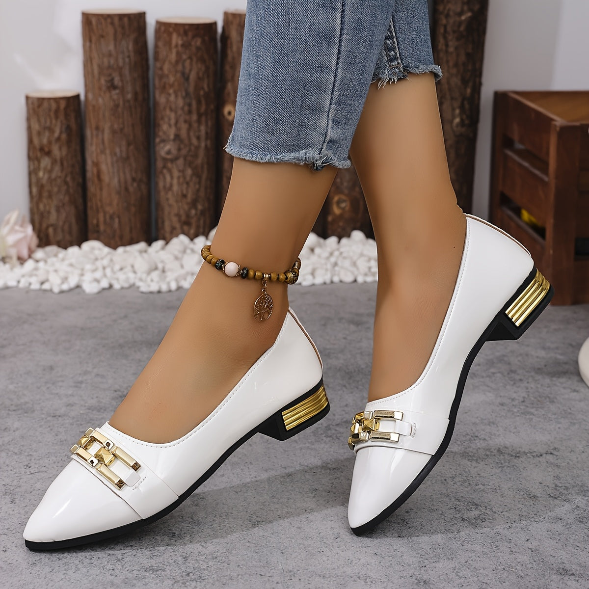 Women's White Pointed Toe Slip-On Loafers with Buckle Embroidery