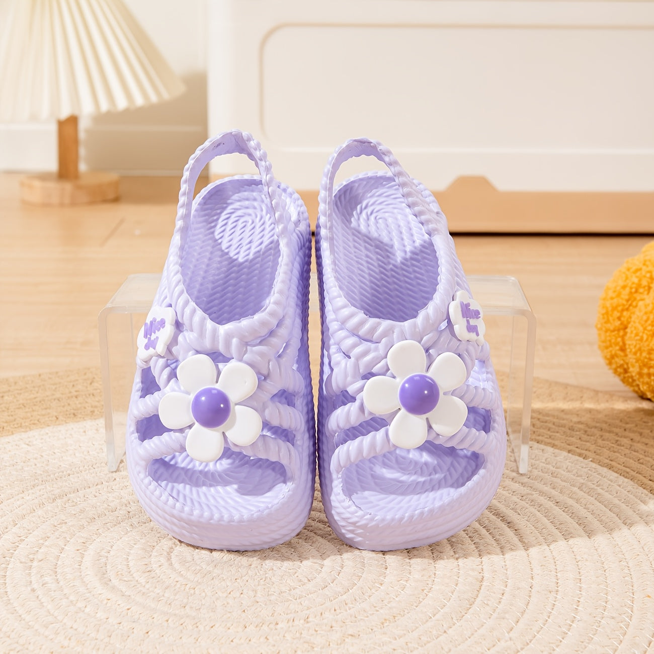 Girls' Summer Cartoon Flower Beach Sandals for Ages 14 and Under Low Top Slip-On EVA Non-Slip Sole