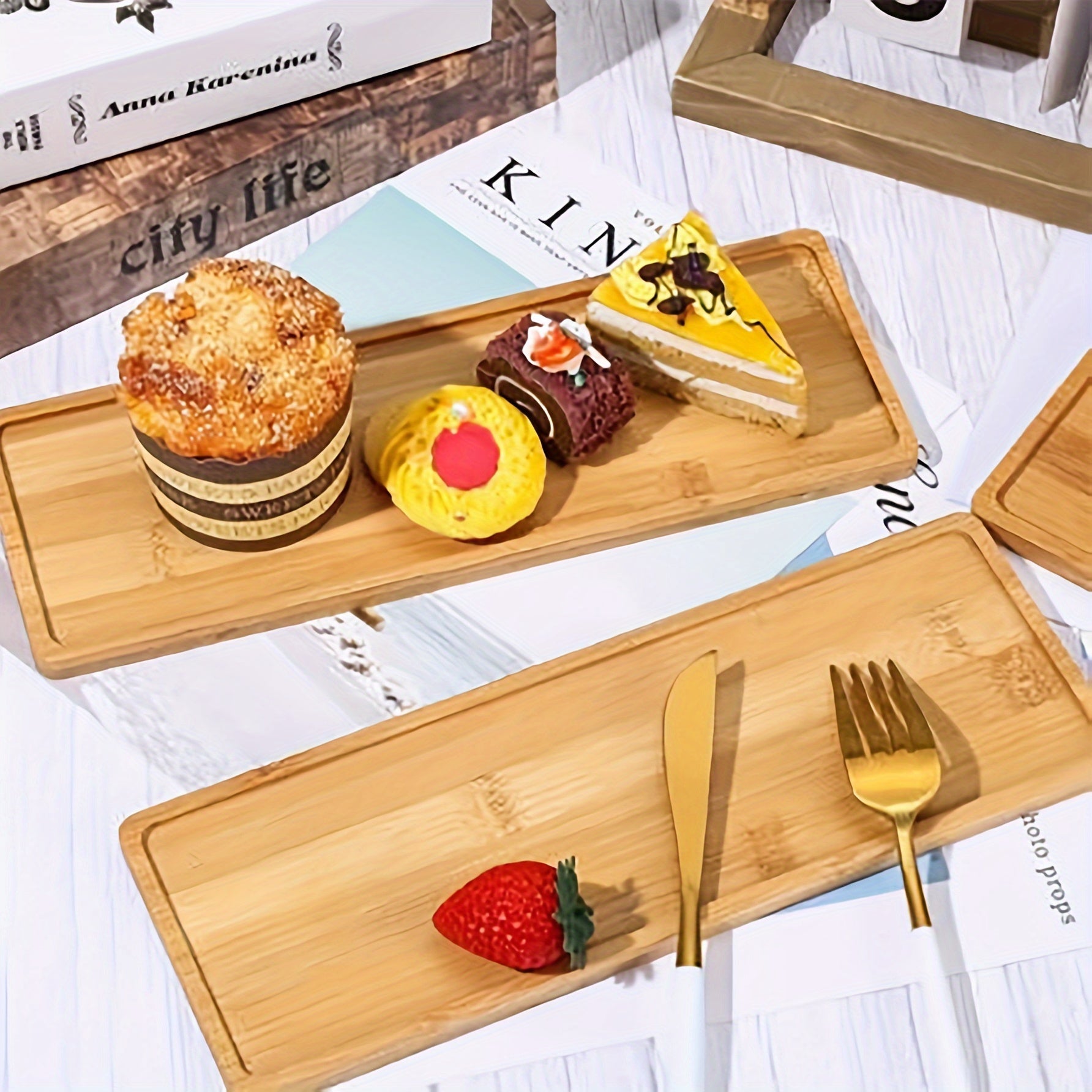 Bandeja de servicio de bambú para cocina y baño con tazas de té, cosméticos y decoración del hogar