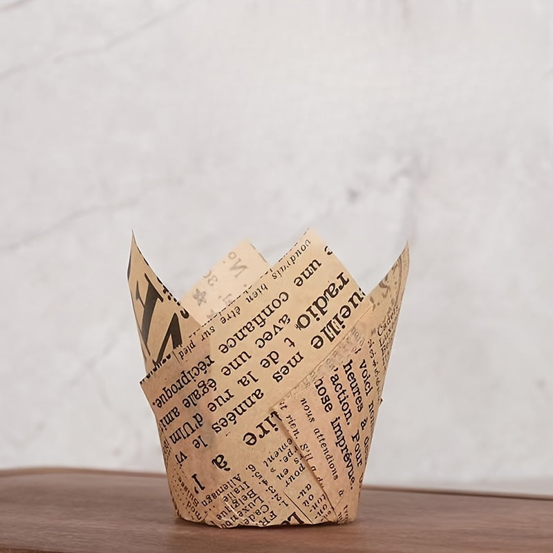 Set of 50 Disposable Tulip Muffin Cups with Cloud Stripes Newspaper Pattern, Greaseproof Paper Liners
