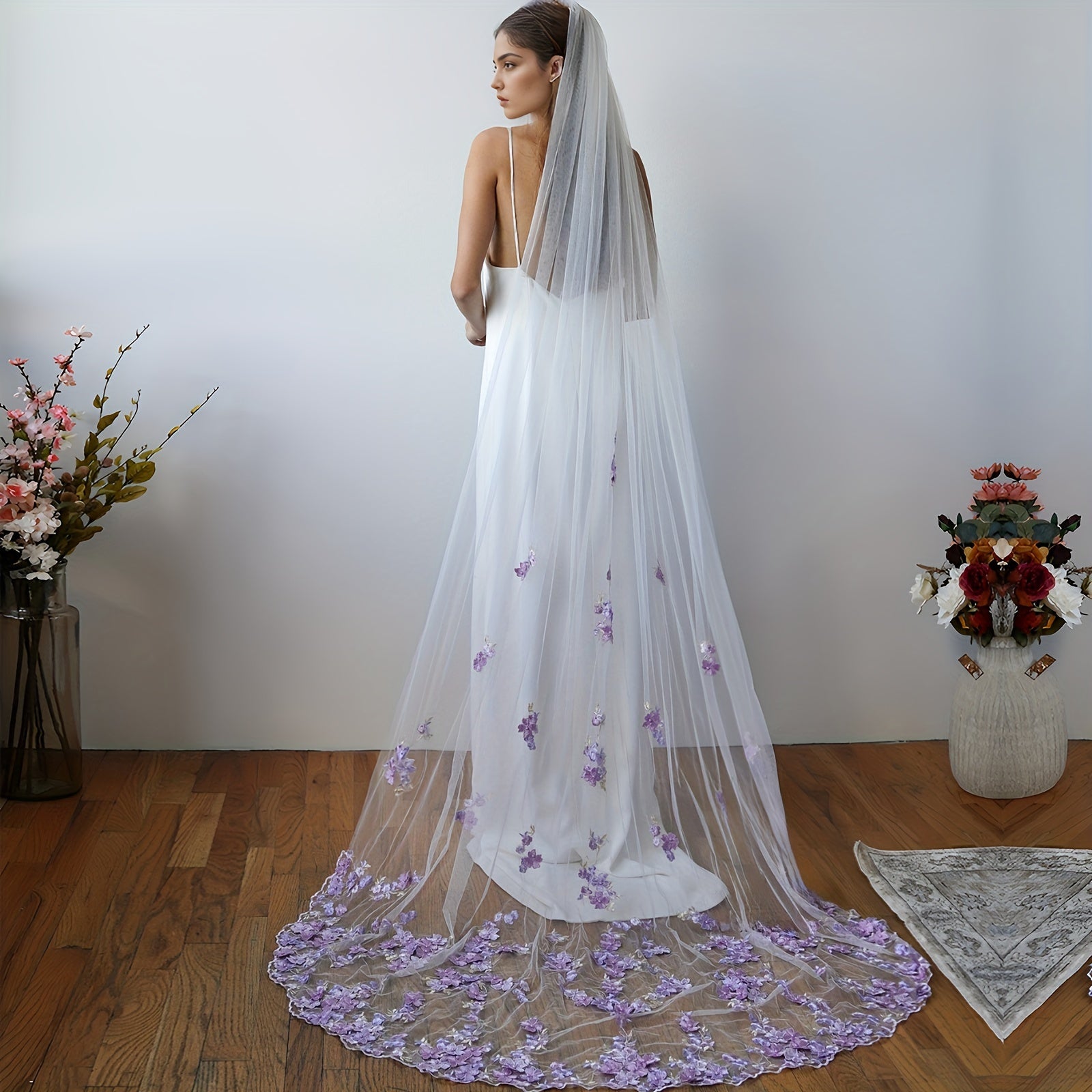 Purple Lace Bridal Veil with Comb Single-Layer Wedding Veil for Women