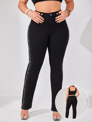 Plus Size Denim Jeans Rhinestone Embellished Stretch Waist Solid Color