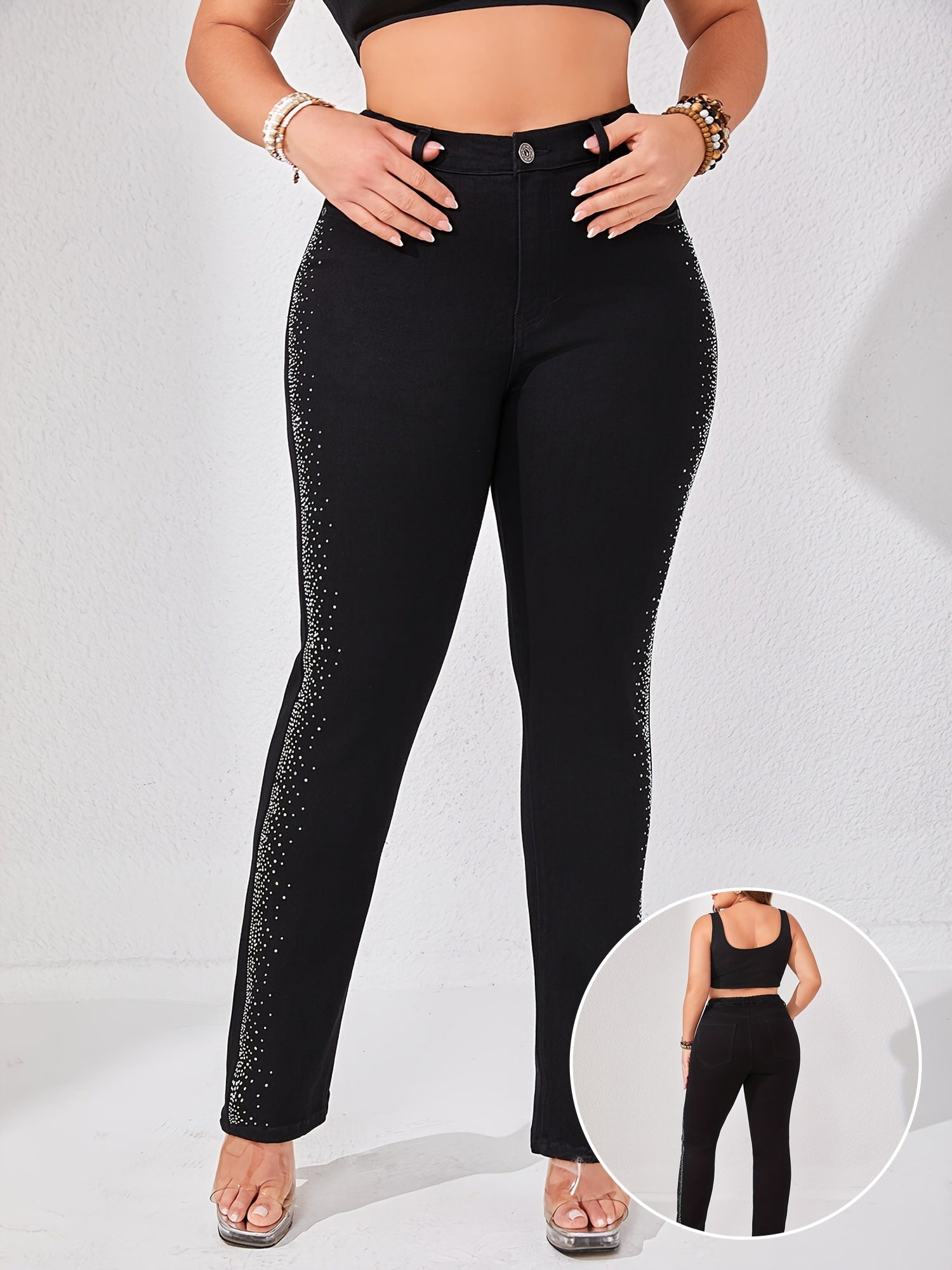 Plus Size Denim Jeans Rhinestone Embellished Stretch Waist Solid Color