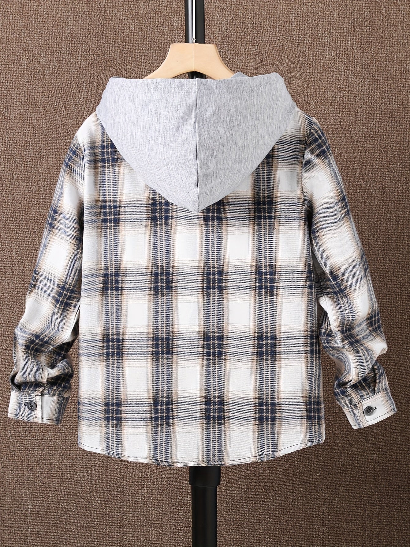 Camisa con capucha de cuadros para niños y niños con bolsillos y ligero stretch en tela de punto para otoño e invierno