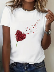 Plus Size Women's White Short Sleeve T-Shirt with Heart Print