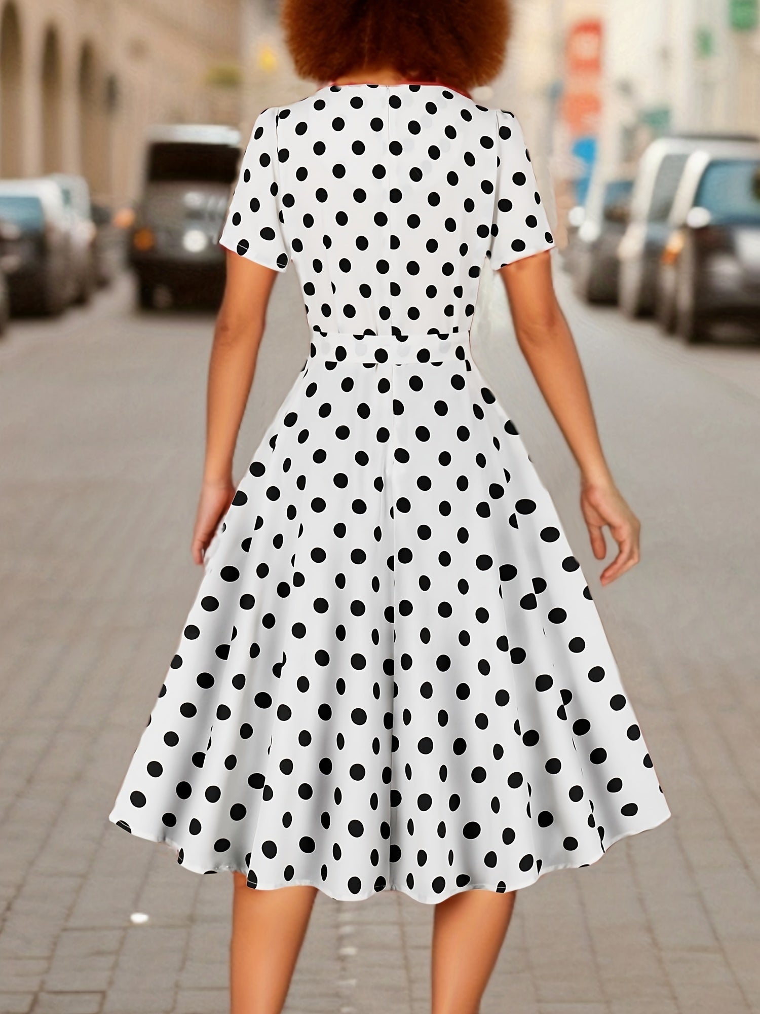 Polka Dot Print Square Neck Dress with Short Sleeves Belt for Women Spring Summer