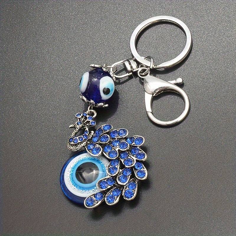 Blue Evil Eye Keychain with Rhinestone Peacock Design Alloy Bag Charm for Women