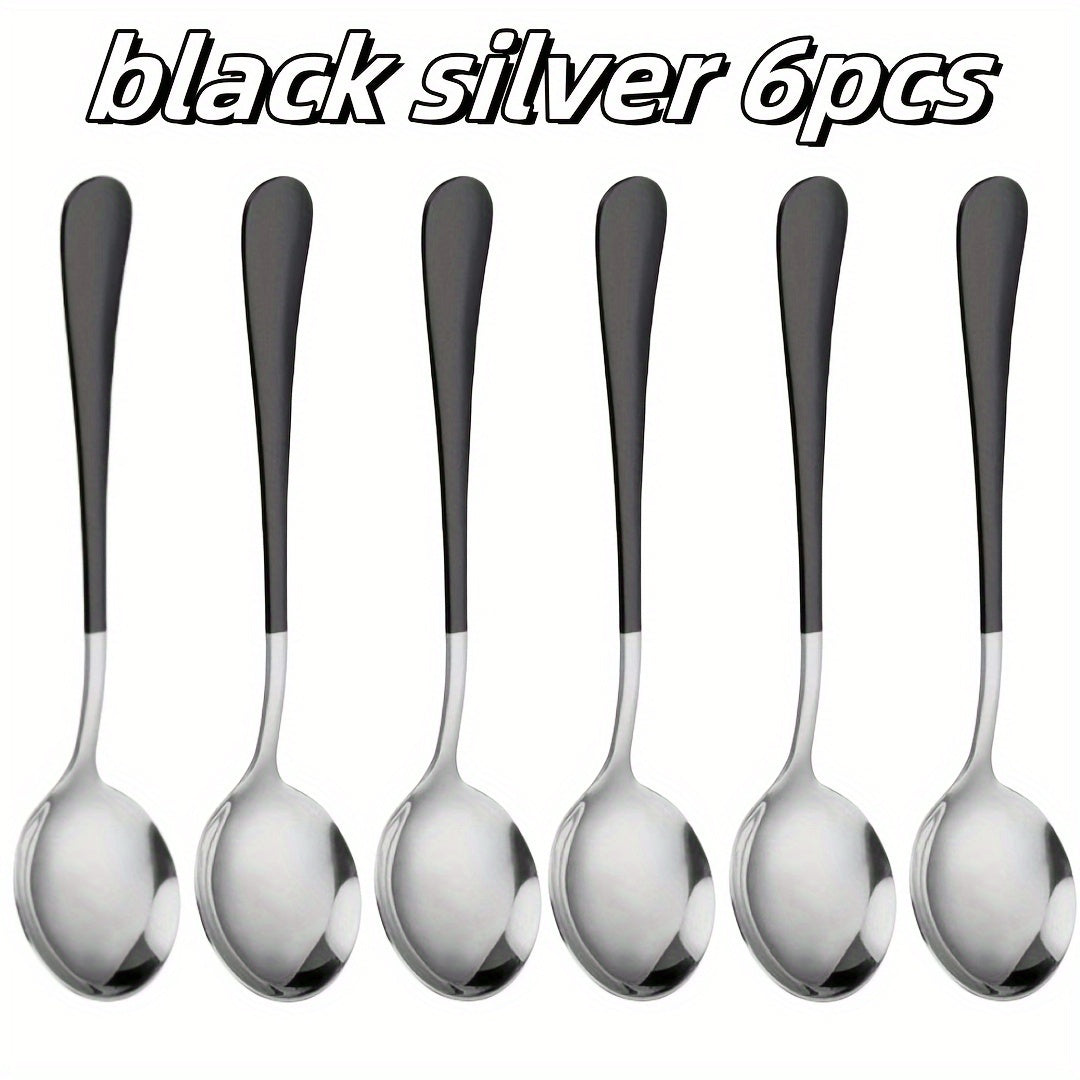 Set of 6 Long-Handled Stainless Steel Spoons for Coffee and Desserts in Multiple Colors