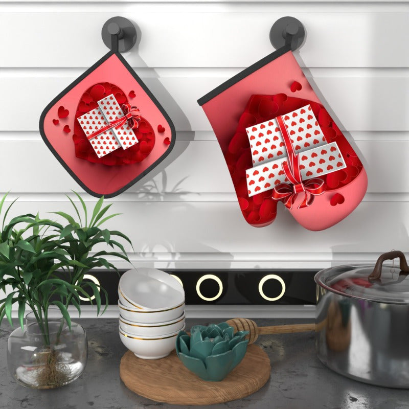 Valentine's Day Oven Mitts and Pot Holders Set Heat-Resistant Red Black Kitchen Decor