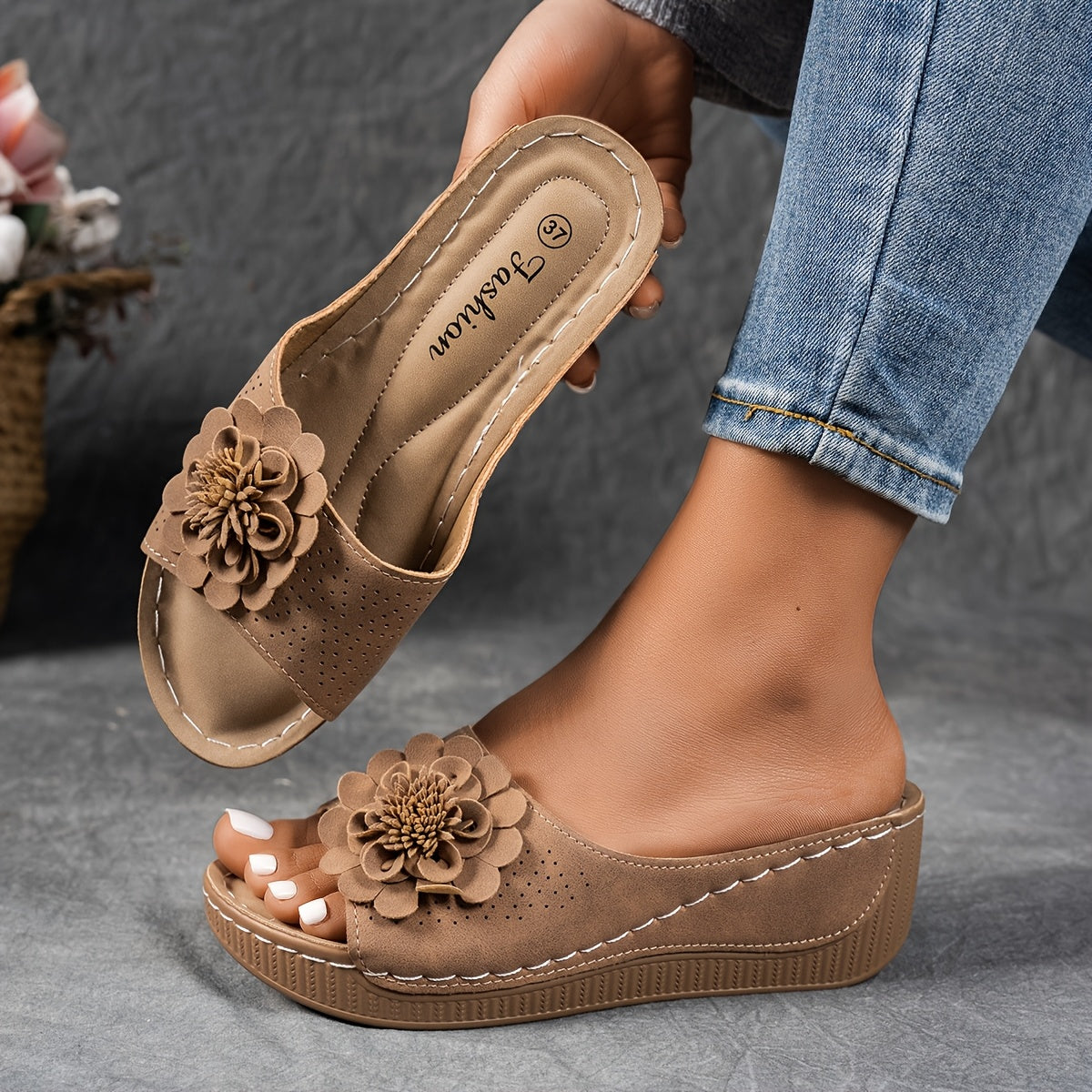 Women's Wedge Sandals Floral Embellished Slip-On Summer Beach Shoes