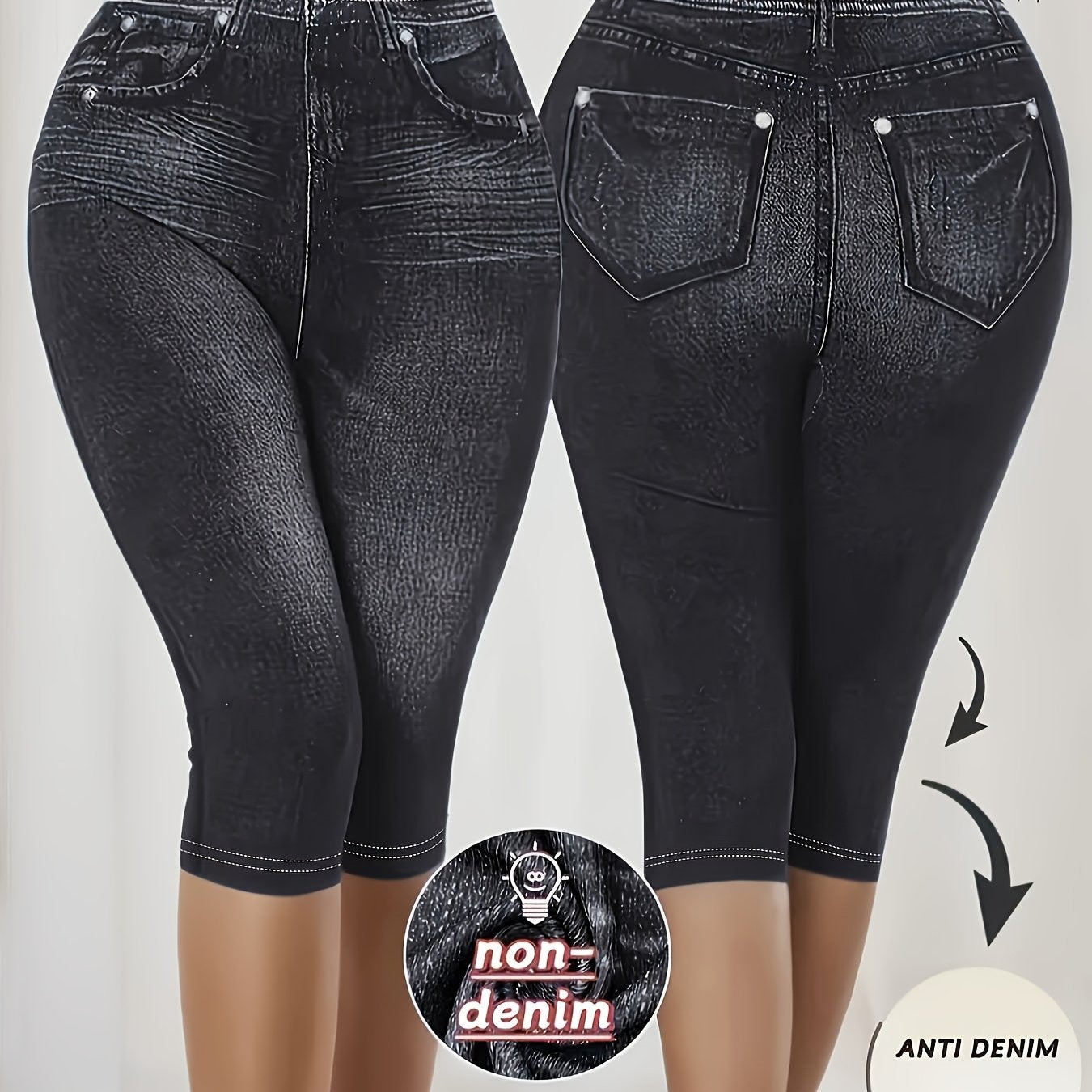 Plus Size Faux Denim Print Skinny Capri Pants for Women Spring Summer Fall