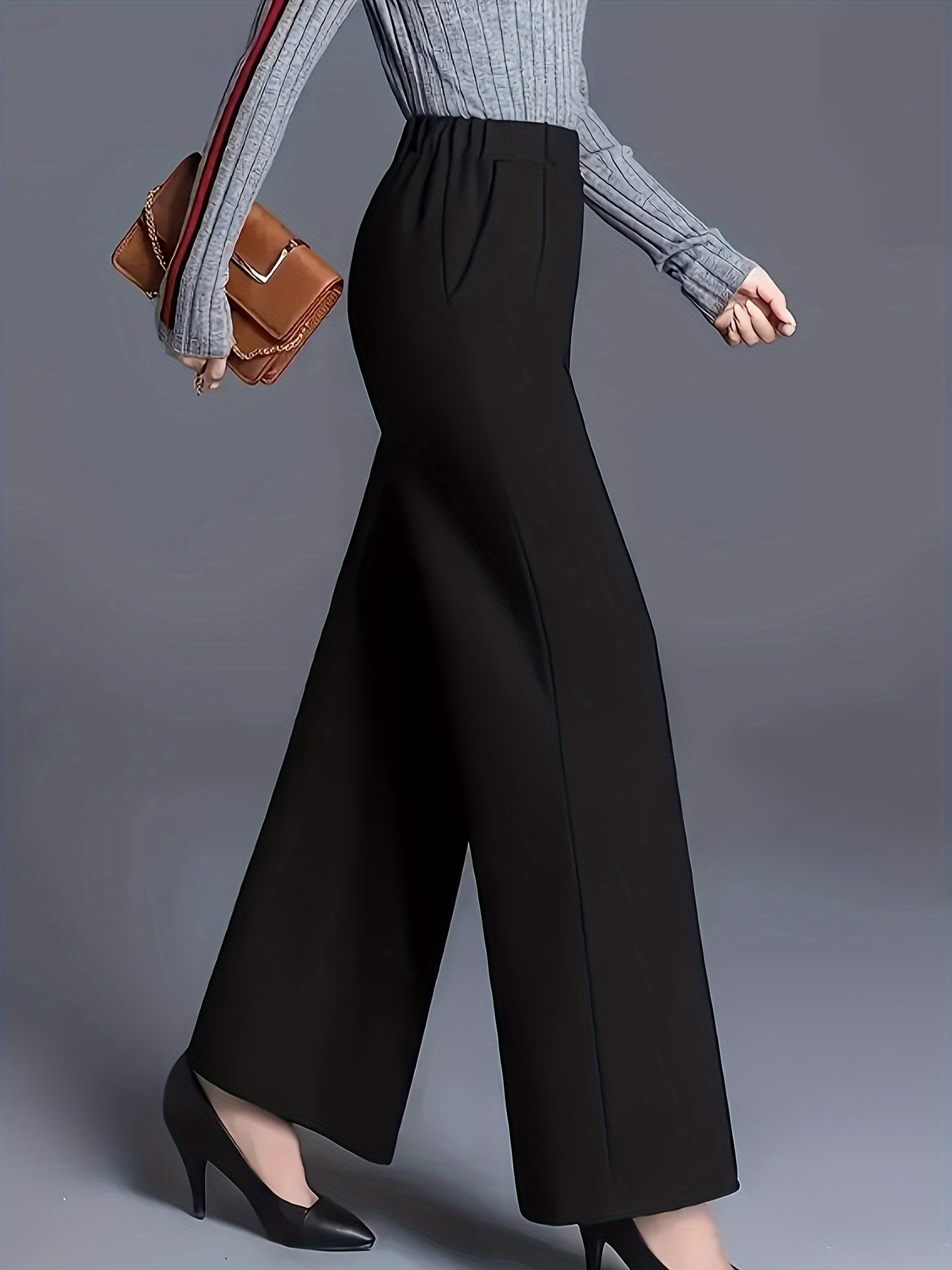 Plus Size High Waist Straight Leg Pants Casual Solid Polyester Knit With Pockets