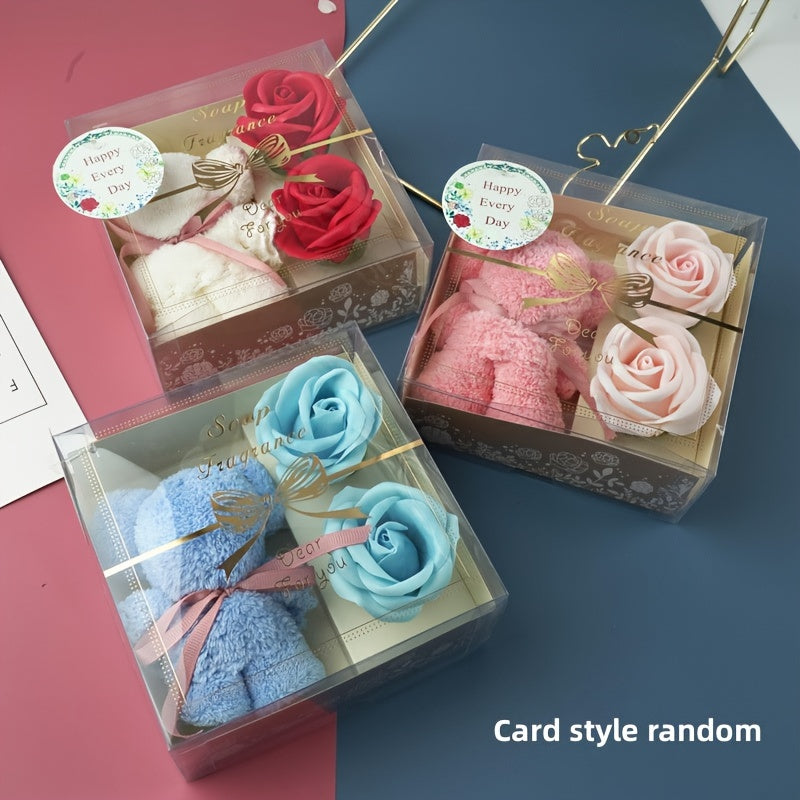 Scented Rose and Bear-Shaped Soap and Towel Set for Valentine's Day and Gifts