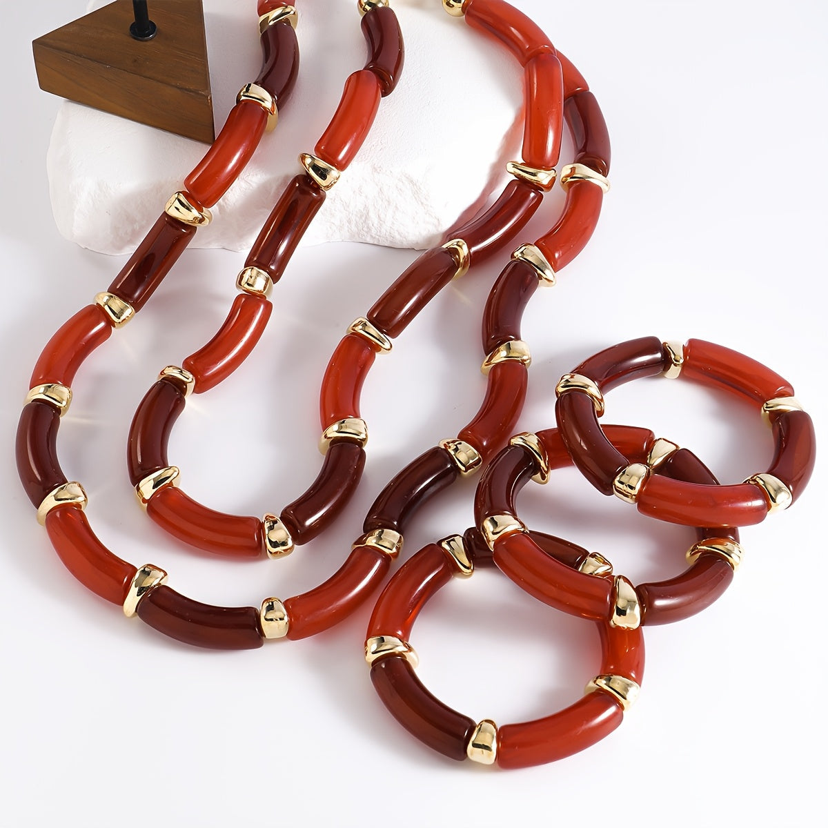 Vintage Style Acrylic Bamboo Joint Bracelets Set of 3 Irregular Stackable Bangles for Women