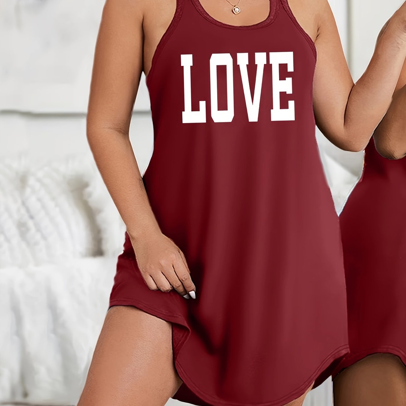 Plus Size Women's Maroon Love Letter Print Sleeveless Sleepshirt Nightgown Lounge Dress