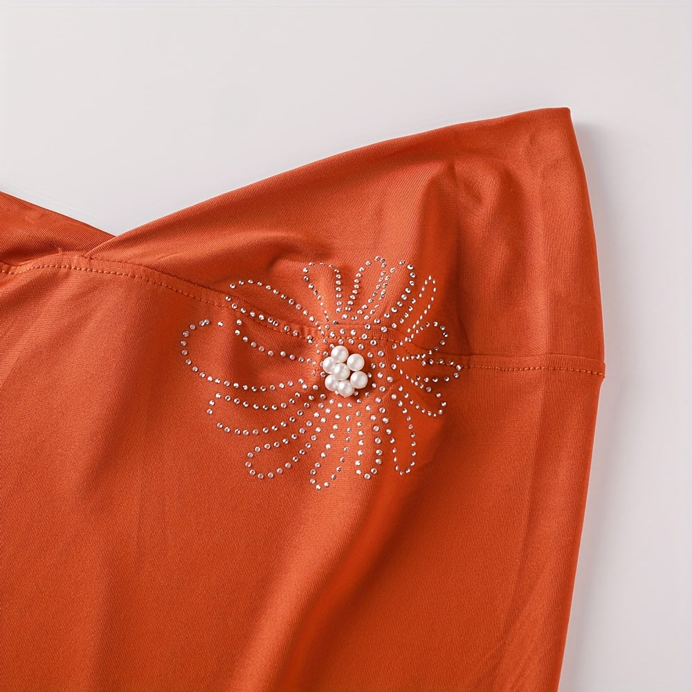 Women's Solid Color Elastic Polyester Hijab with Rhinestone and Pearl Accents