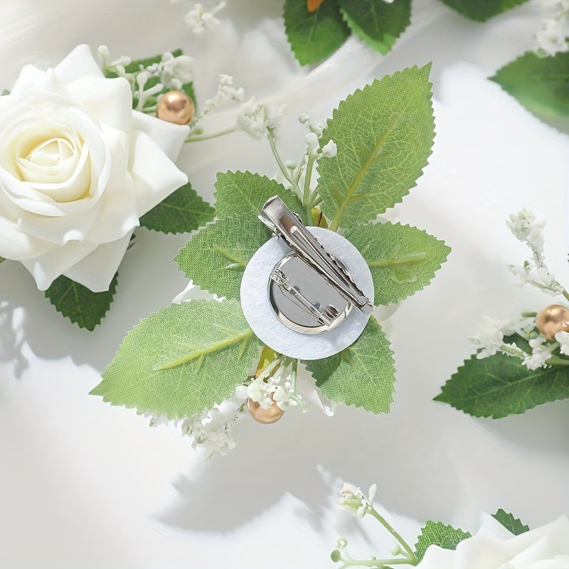 Set of 6 Boho Bridal Corsages Faux Rose Boutonnieres with Gold Pearls and Foliage for Weddings and Events