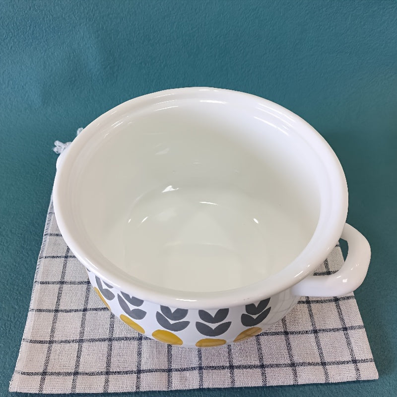 Retro ilhomlangan emal pech: Oq rangda sariq va kulrang dizaynlar bilan vintage ko'rinish, pechda pishirish uchun ideal.