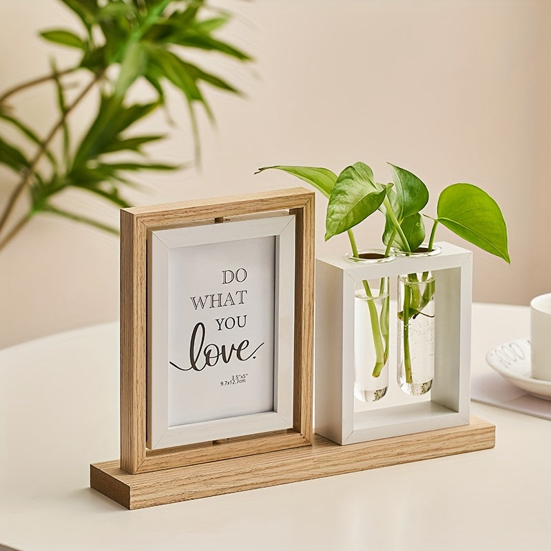 Hydroponic Plant Photo Frame with Glass Vase Wooden Desktop Decor for Living Room Study or TV Cabinet