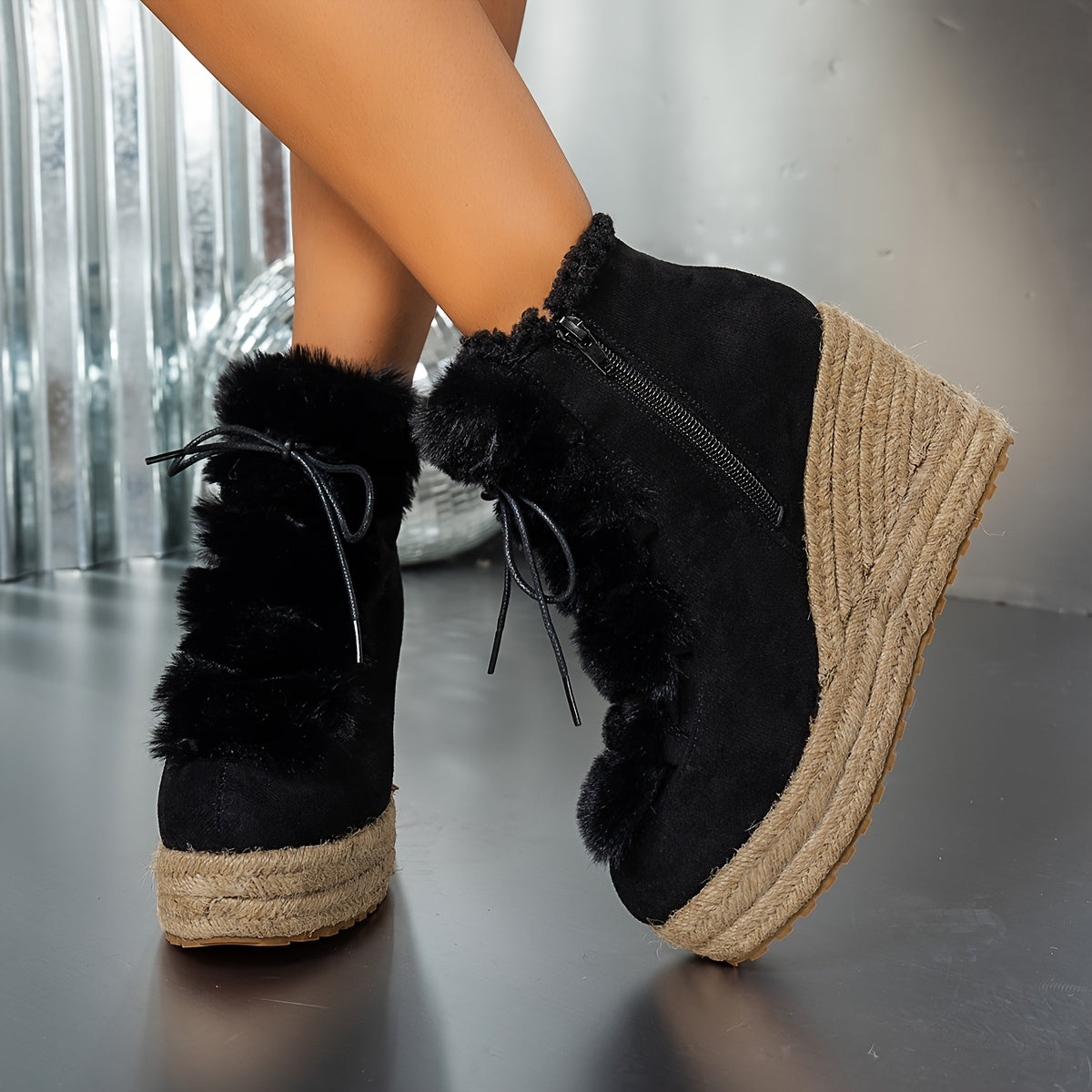 Women's Winter Casual Wedge Boots with Faux Fur Collar and Jute Rope