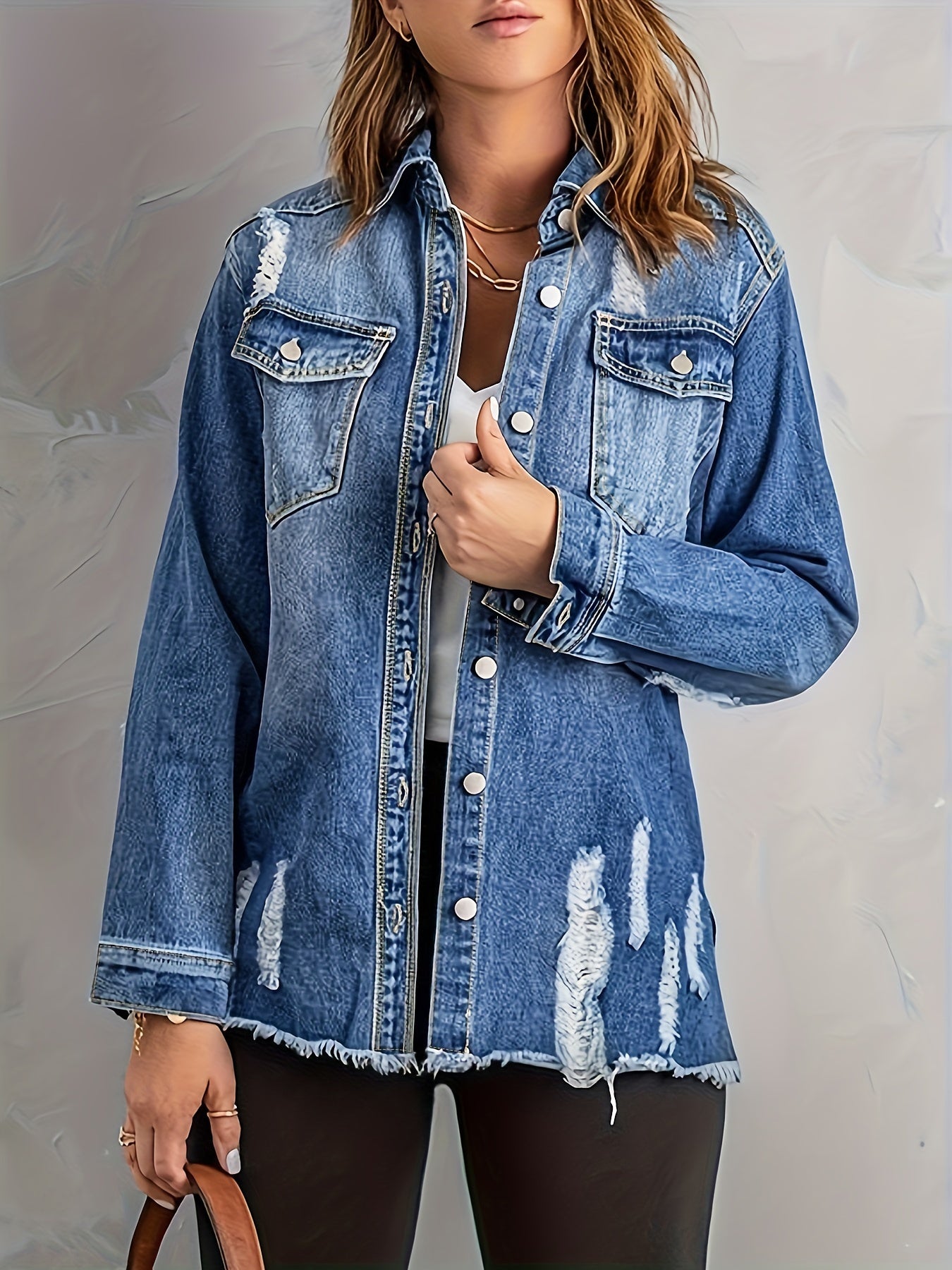 Chaqueta vaquera de mujer lavado desgastado rasgado color sólido abrigo de primavera y verano