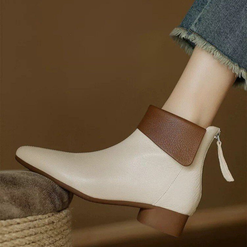 Women Ankle Boots Faux Cover Leather Mid-Heel Side Zipper Pointed Toe