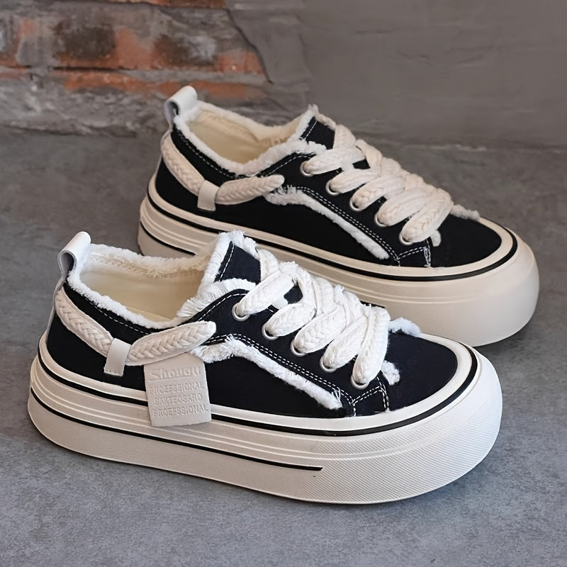 Women's Chunky Sneakers Black White All-Season Casual Shoes with Thick Sole