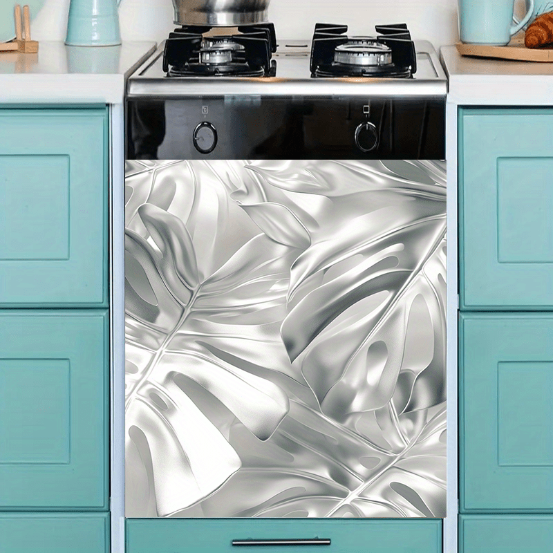 Metallic Silver Leaf Dishwasher Cover Magnet Waterproof Oilproof Kitchen Decor 58.5x65 cm