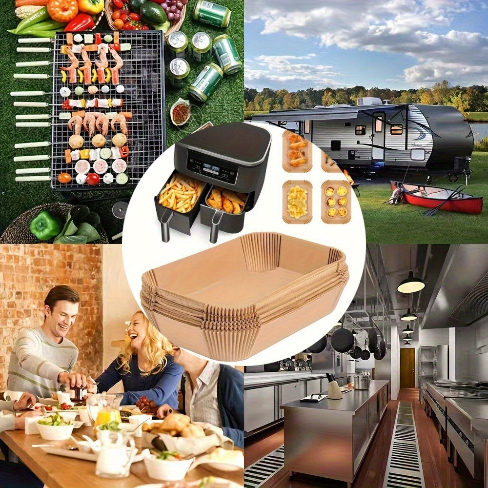 50 ta Non-Stick Parchment Liners Dual Air Fryer Trays uchun - Yog' va Suvga Qarshi, RVlar va Har Kunlik Foydalanish uchun Bir Martalik Pishirish Qog'ozi, Qog'oz Liners