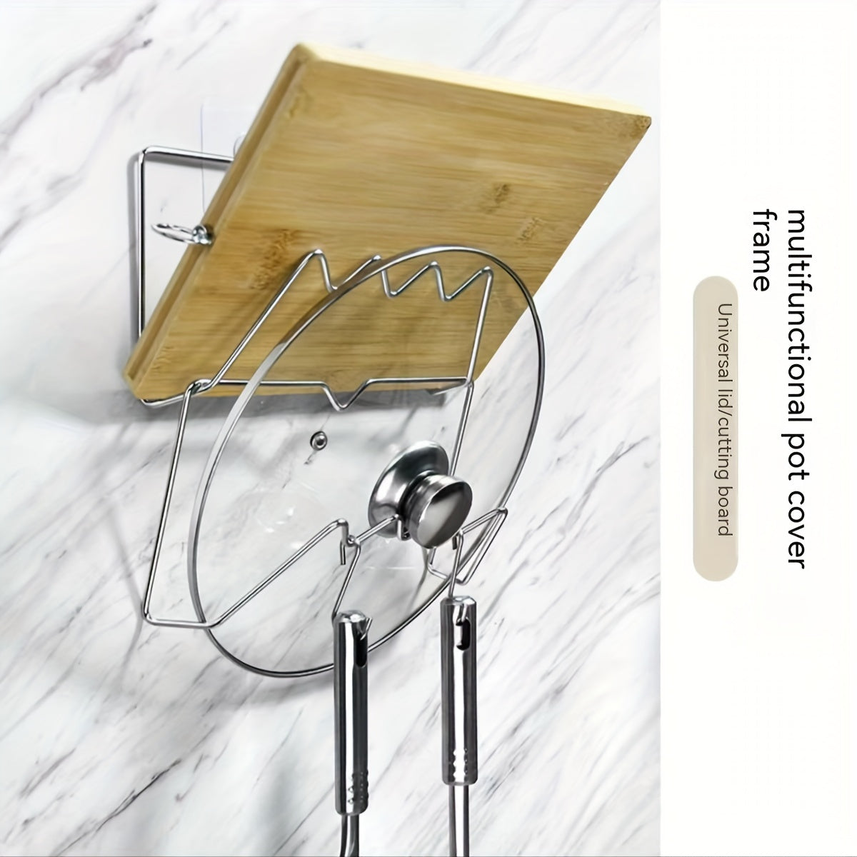 Wall-Mounted Stainless Steel Kitchen Organizer with Hooks for Pot Lids and Cutting Boards