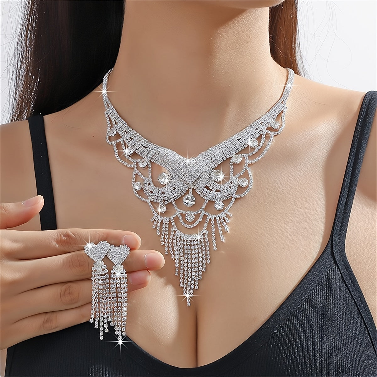 Luxury Silver Tassel Jewelry Set with Rhinestone Earrings for Women