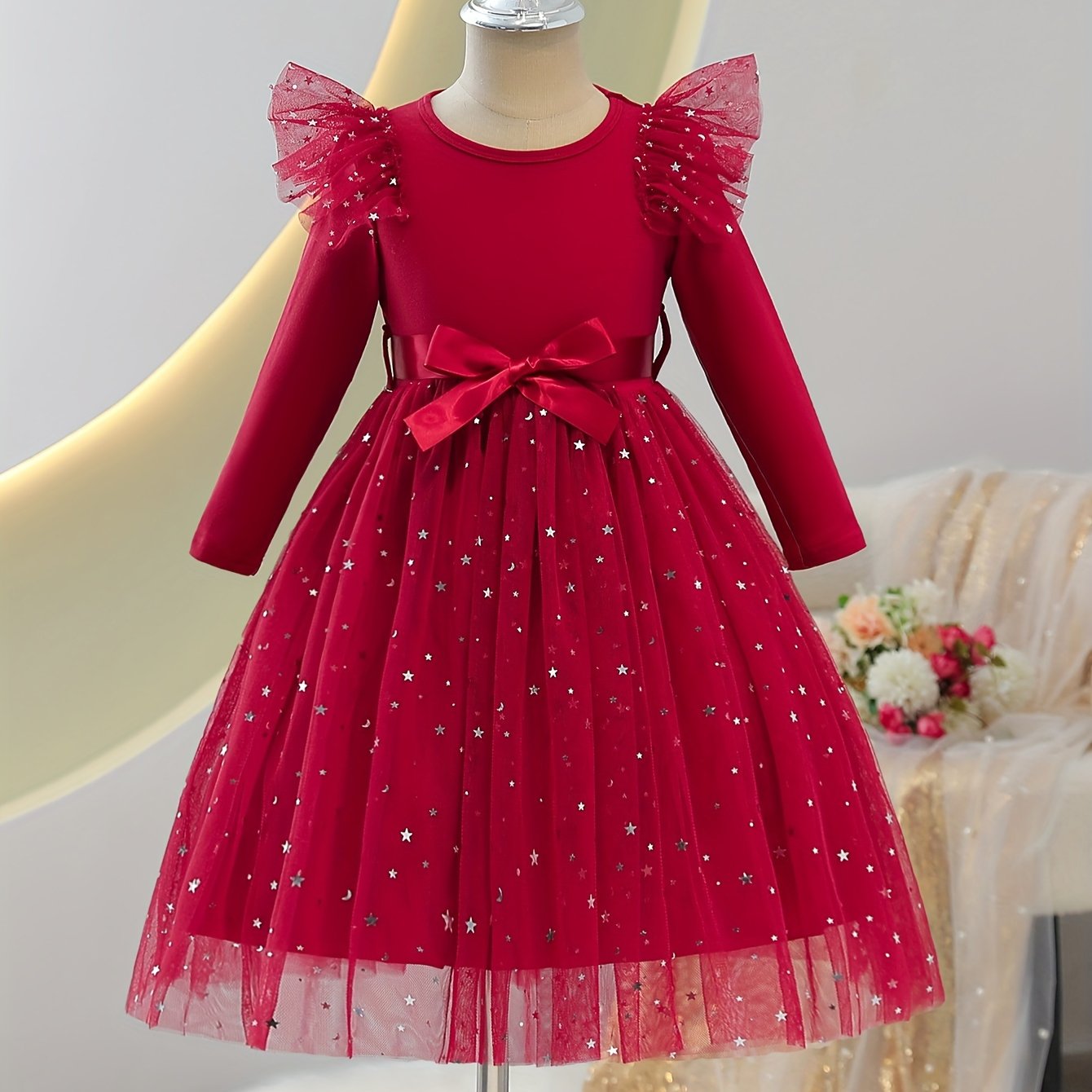 Girls Long Sleeve Tulle Hem A-line Dress for Spring Fall Casual Party Outdoor