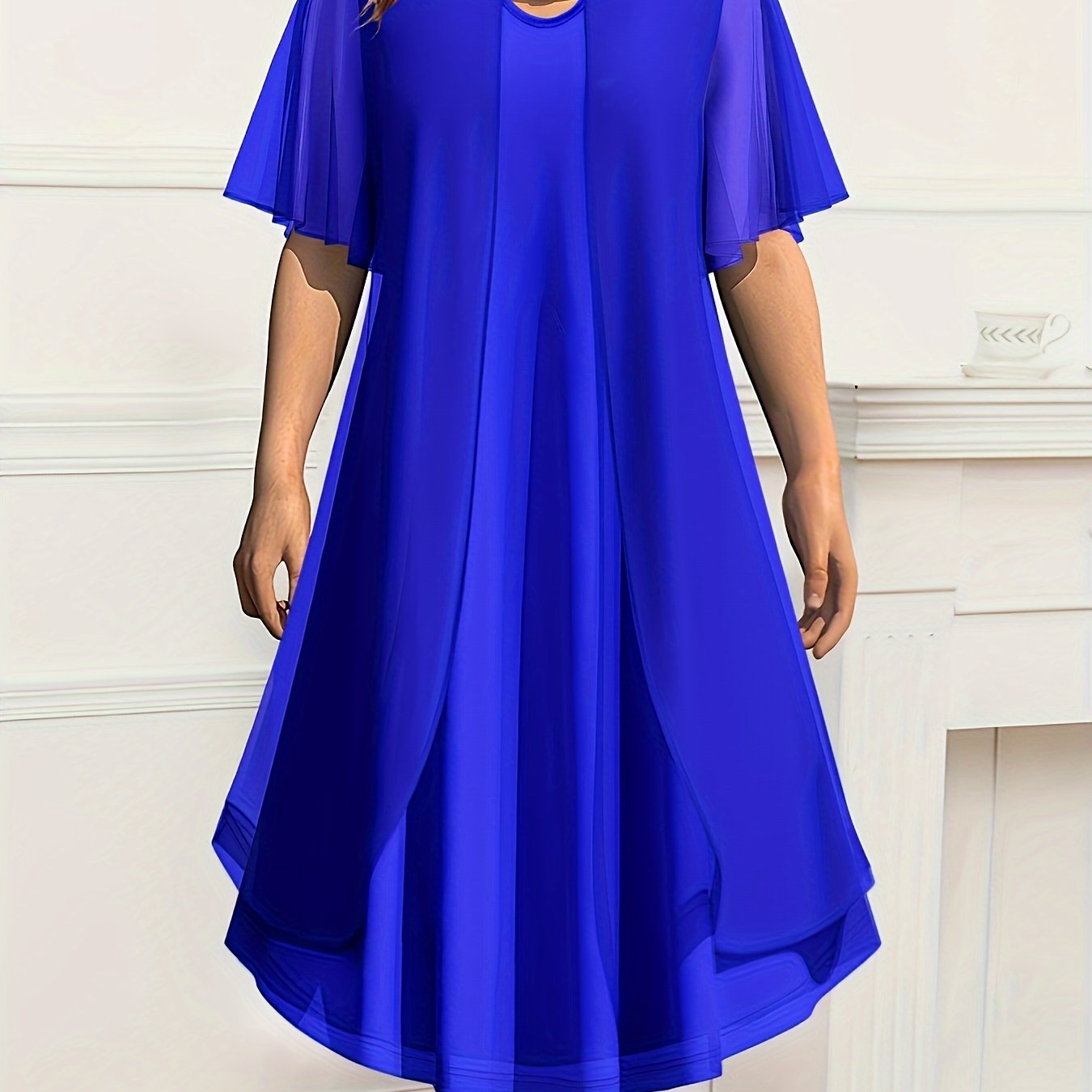 Red Chiffon Dress for Women with Round Neck Half Sleeves Flowy A-Line Keyhole Summer Spring Fall