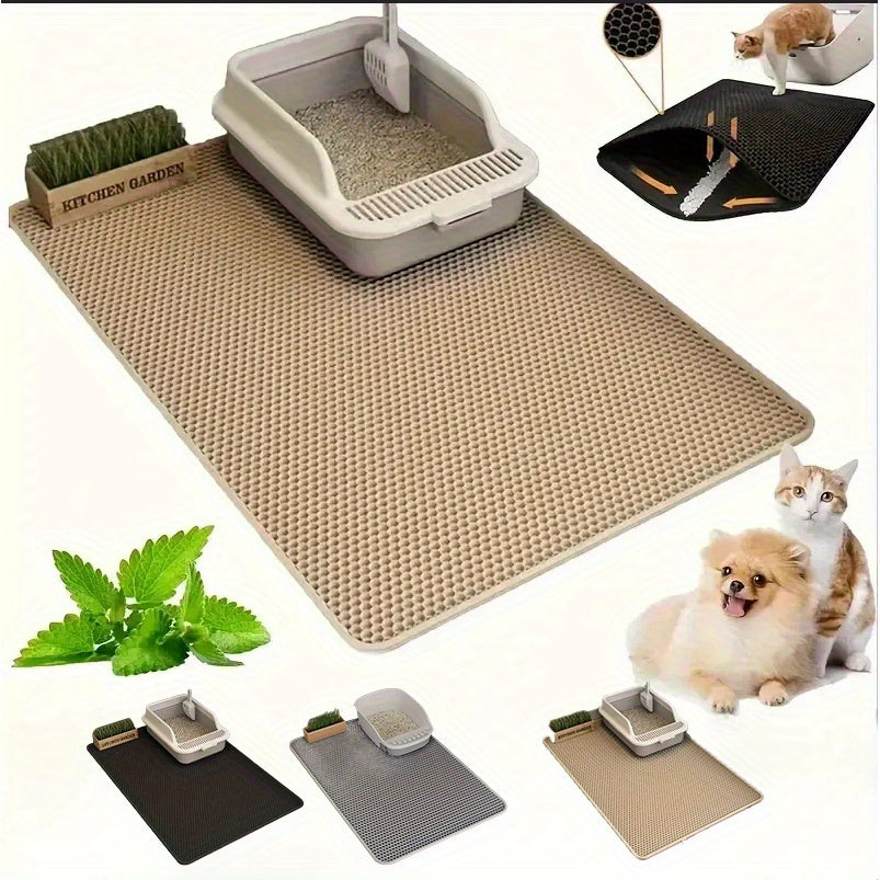 Double Layer Cat Litter Mat EVA Anti-Scattering Raised Edges Hex Grip Surface Easy to Clean Fits All Litter Boxes