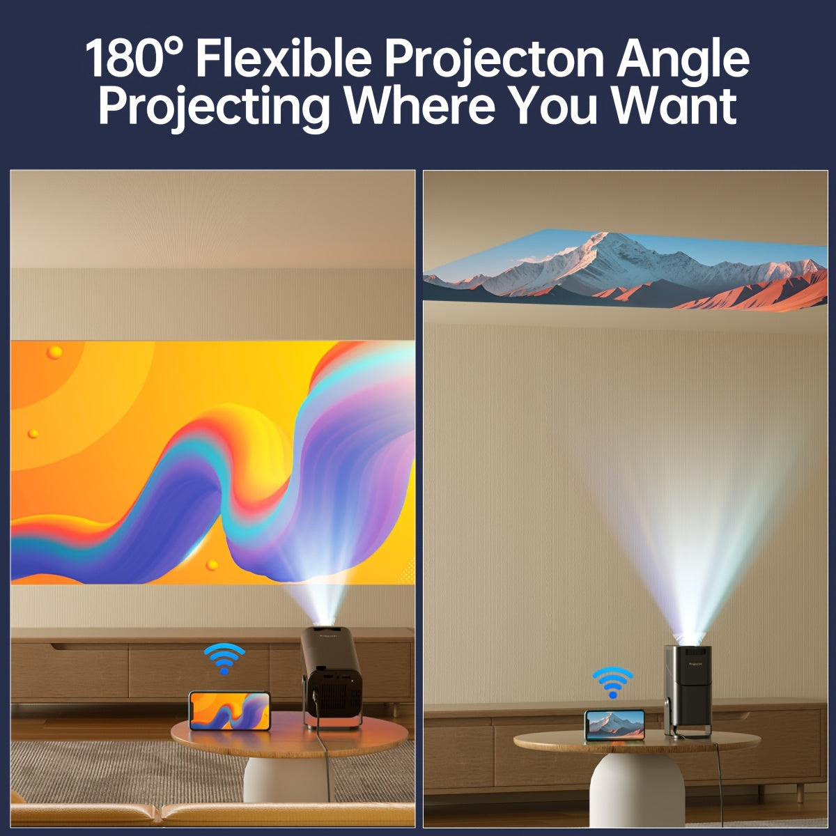 Mini 4K HD simsiz proyektor WiFi bilan, avtomatik keystone, yorqin LED, ichki o'yinlar va ofis uchun