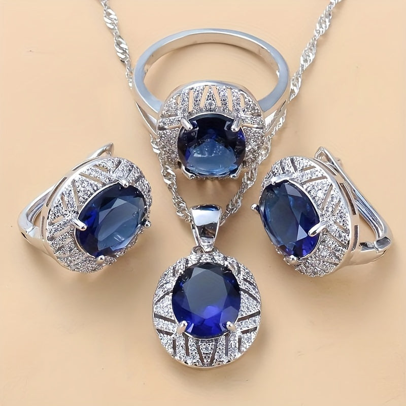 Silver-Plated Bridal Jewelry Set with Cubic Zirconia Necklace Earrings Rings 4 Piece