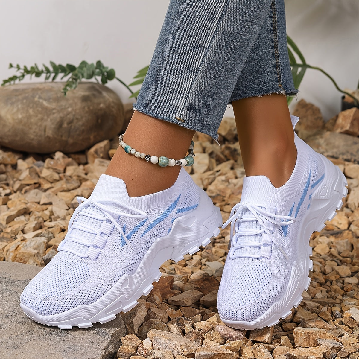 Women's Mesh Sneakers Breathable Lace-Up Running Shoes Lightweight Casual Blue White
