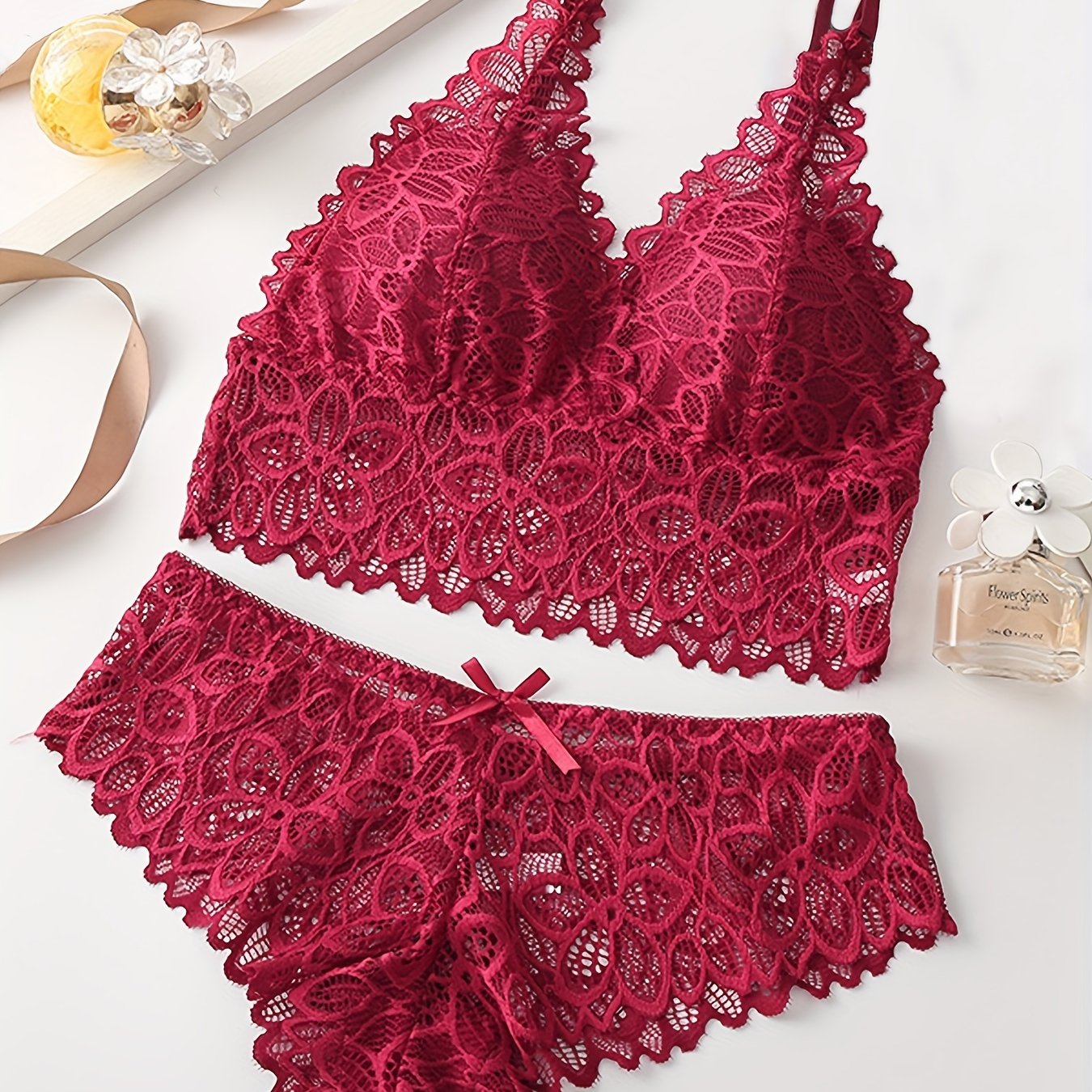 French Lace Vest-Style Underwear Set with Breathable Molded Cups for Women